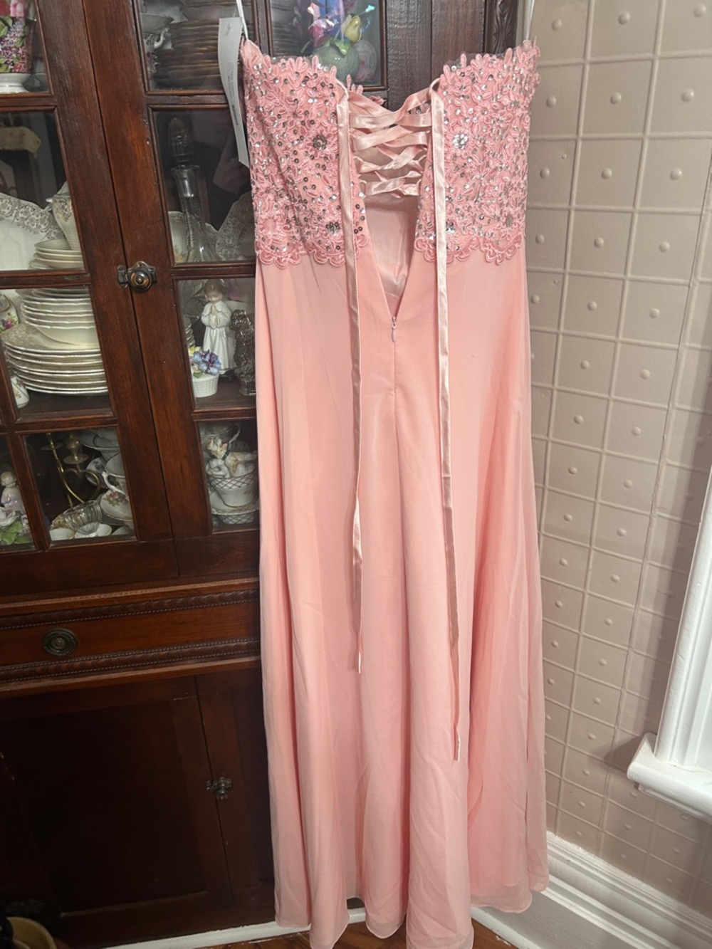 Prom: Strapless Blush Pink Beaded Lace Prom Gown - corset back NWT - Picture 6 of 9
